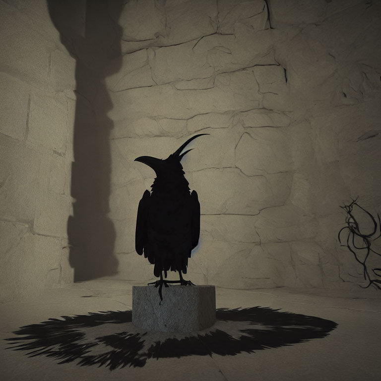 Raven perched on stone in dimly lit room with ominous shadow