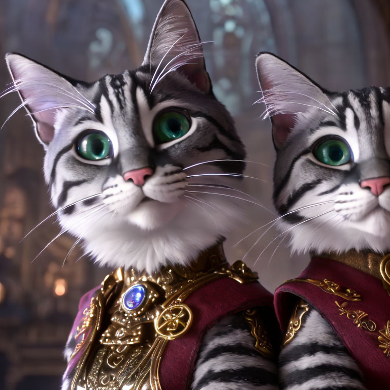 Striking green-eyed animated cats in medieval attire indoors