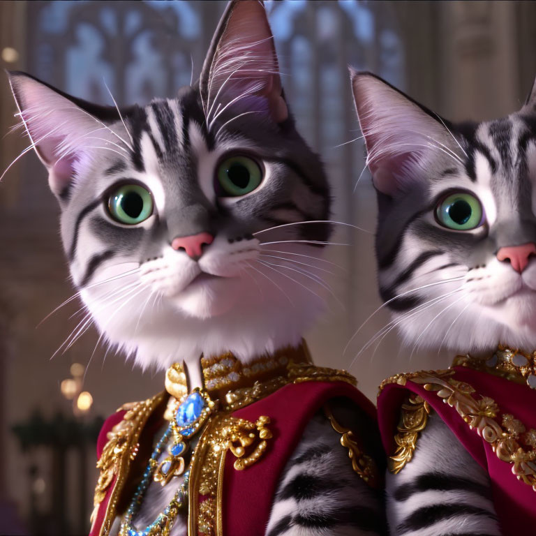 Animated Cats in Royal Attire Against Opulent Background