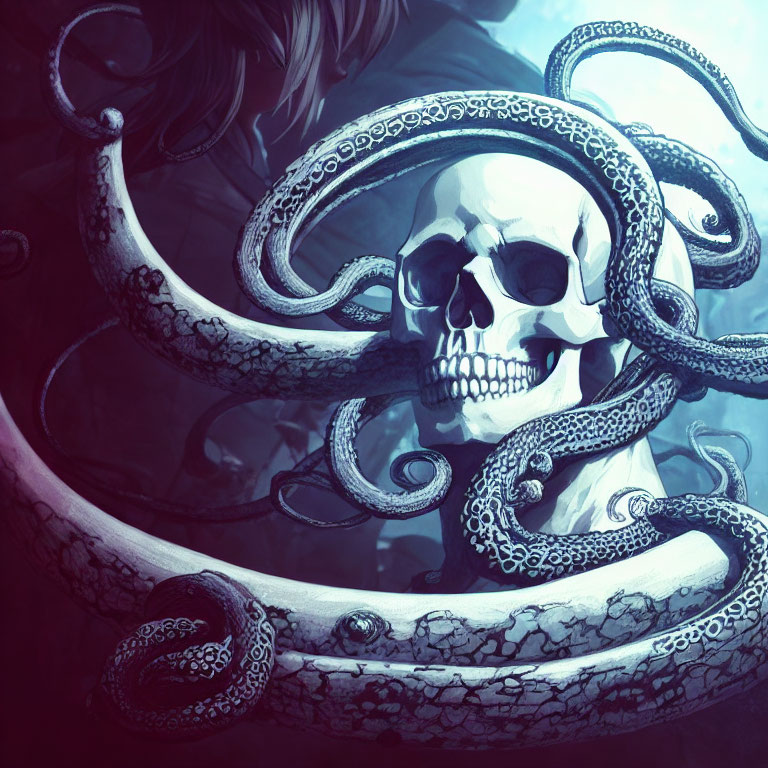 Skull with octopus tentacles in dark blue underwater scene