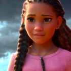 Animated girl with braided hair in pink shirt and heart necklace appears concerned on blurred background