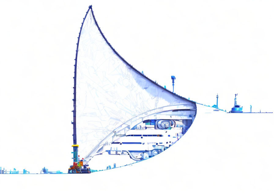 Sail and city harbor blend in graphic illustration