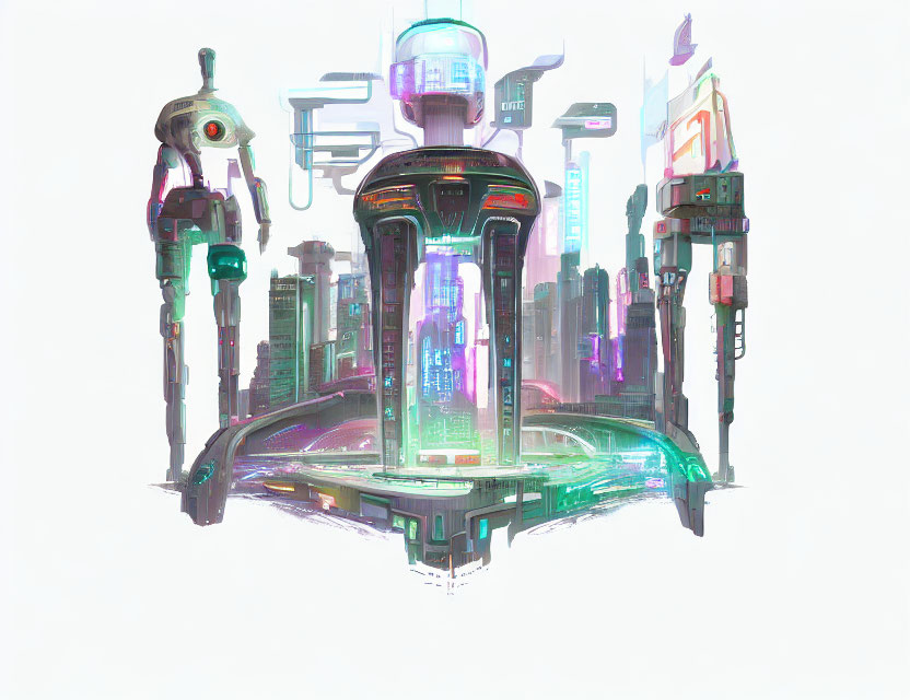 Futuristic cityscape with neon signs, cylindrical structure, elevated pathways, and robot figure