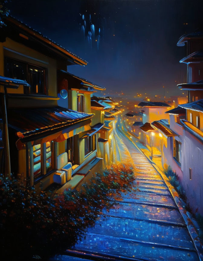 Twilight cobblestone street with traditional houses and warm glowing lights.