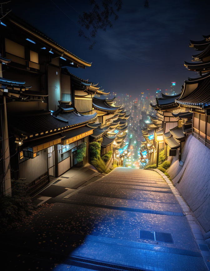 Traditional Japanese Buildings and Cityscape at Night