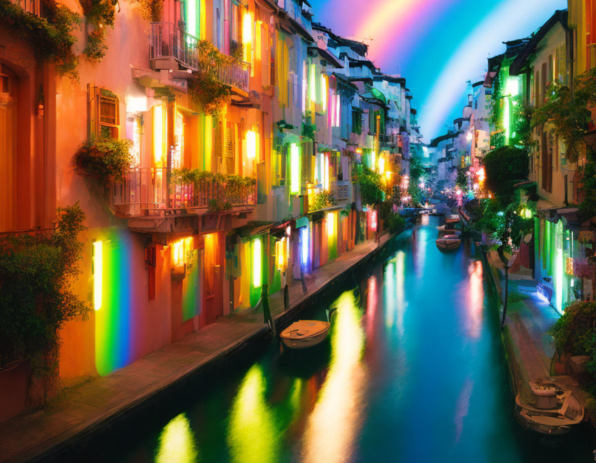 Venetian canal at twilight with illuminated buildings and moored boats