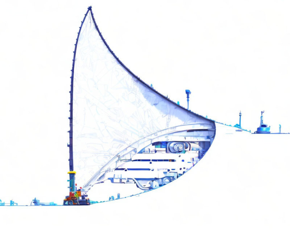 Sail and city harbor blend in graphic illustration