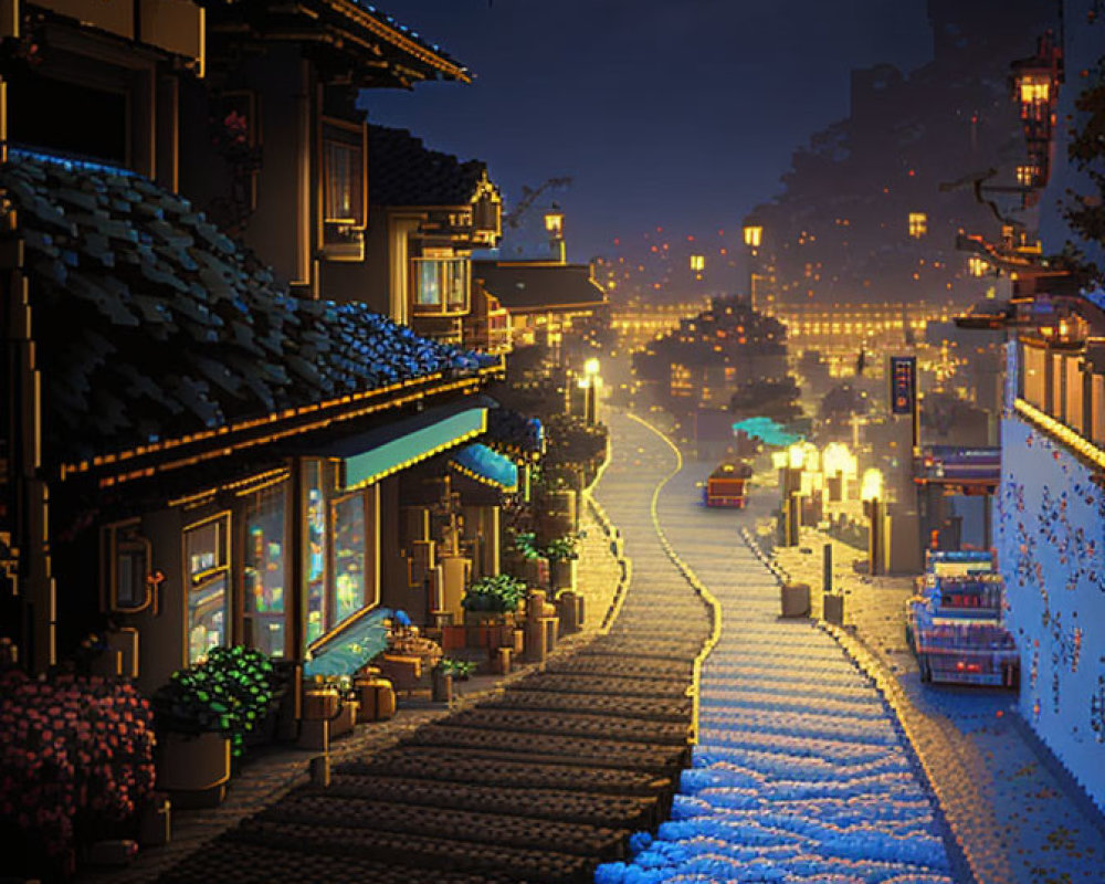 Traditional Houses Illuminated on Sloping Street at Night