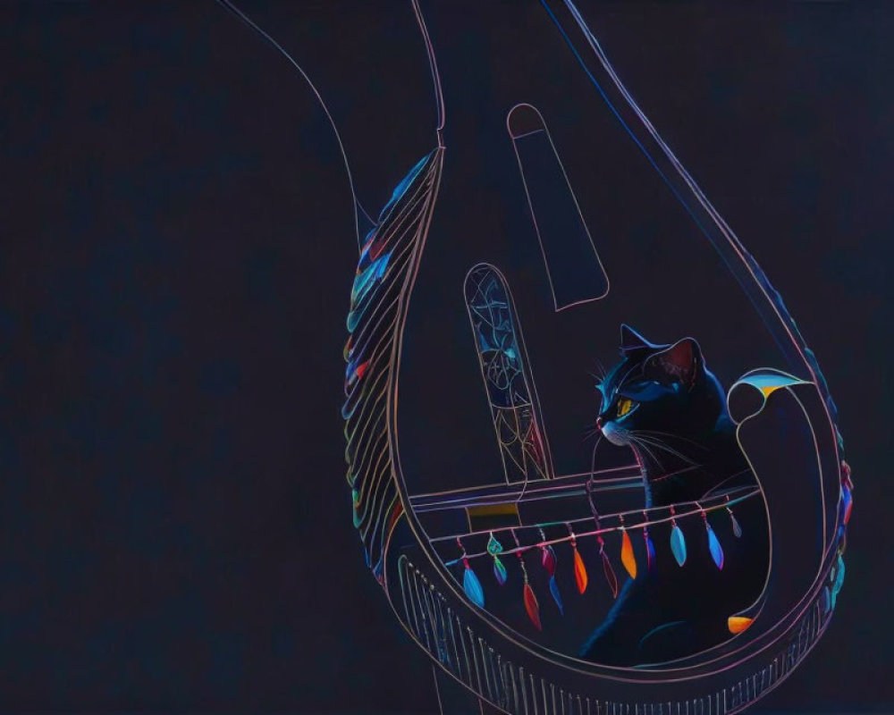 Surreal black cat in guitar with neon highlights on dark background