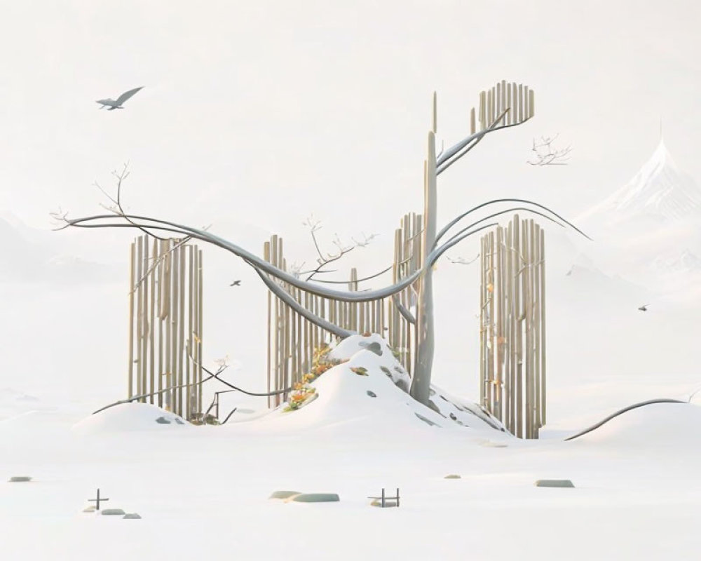 Abstract wooden sculpture in serene snowy landscape