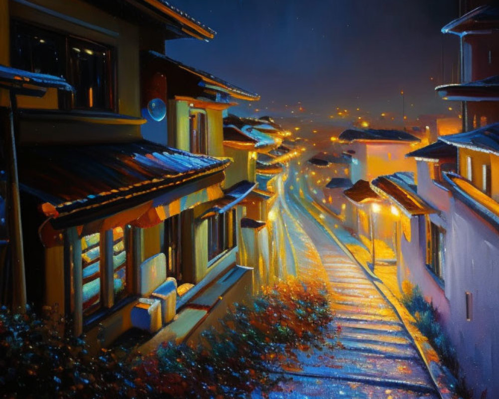 Twilight cobblestone street with traditional houses and warm glowing lights.