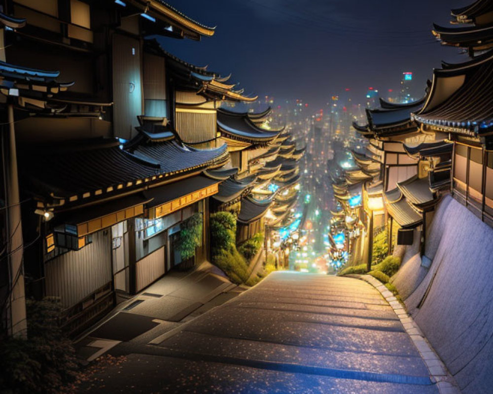 Traditional Japanese Buildings and Cityscape at Night