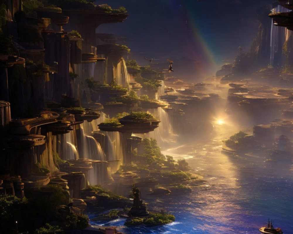 Majestic night landscape with waterfalls, rivers, islands, boat, and flying creatures