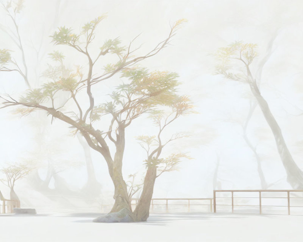 Foggy landscape with trees and footbridge in serene scene