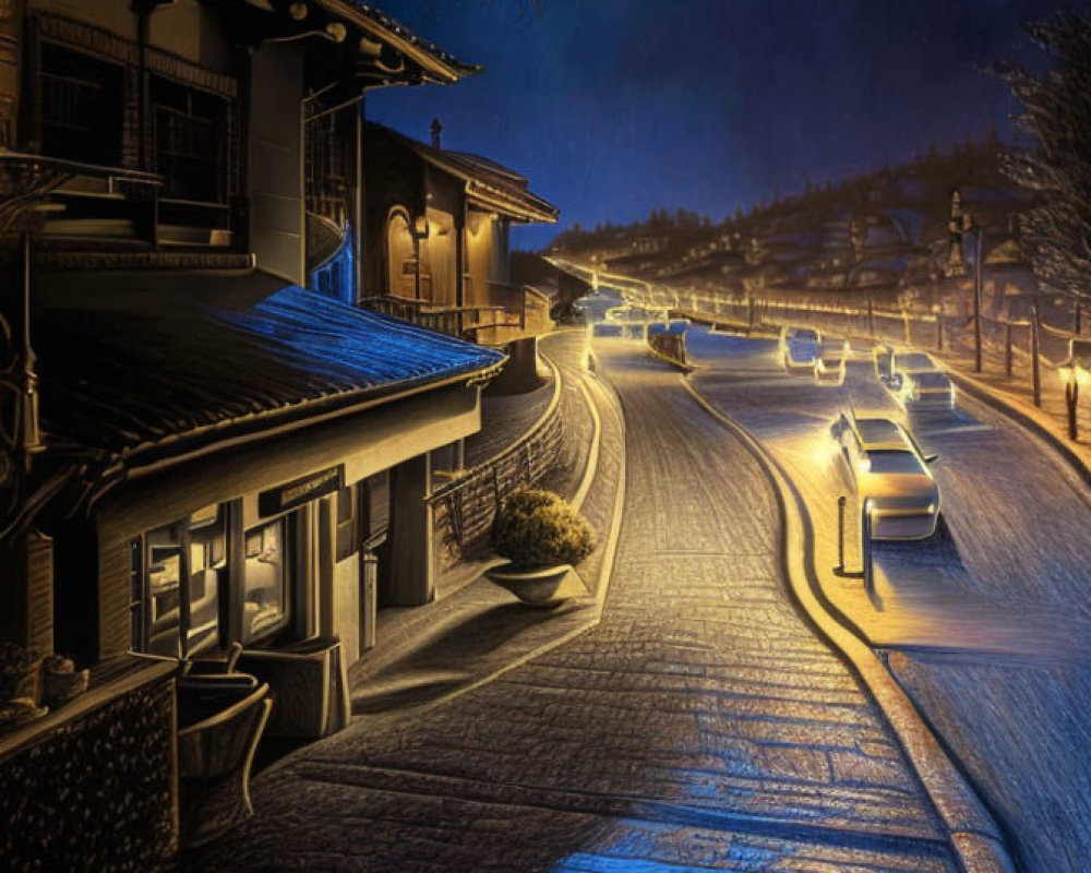 Traditional houses and slanting street at night with vintage streetlights and crescent moon