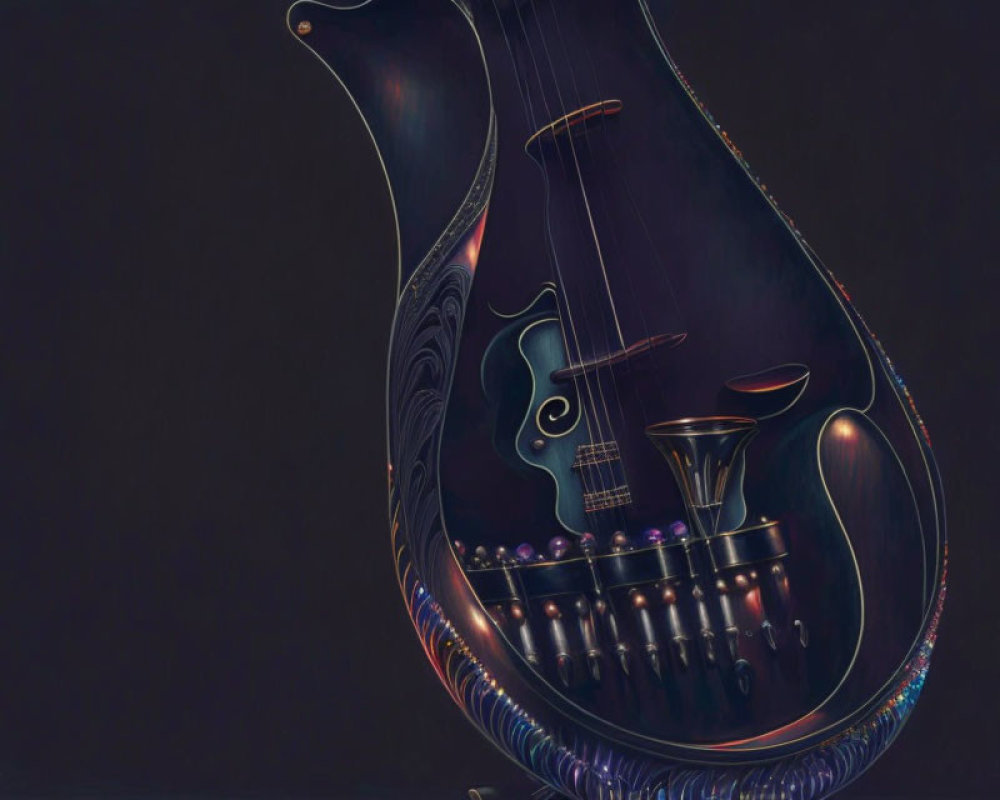 Stylized dark-hued string instrument with swirling ornate design