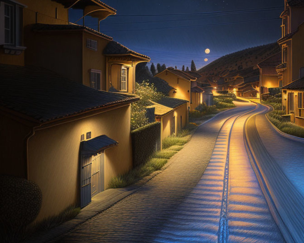 Tranquil Residential Street Night Scene with Crescent Moon