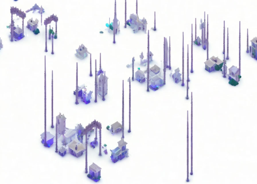 Pastel 3D rendering of abstract miniature town with vertical structures