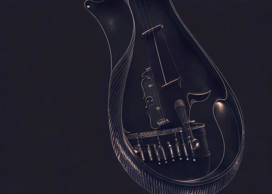 Stylized black lute digital illustration on dark background