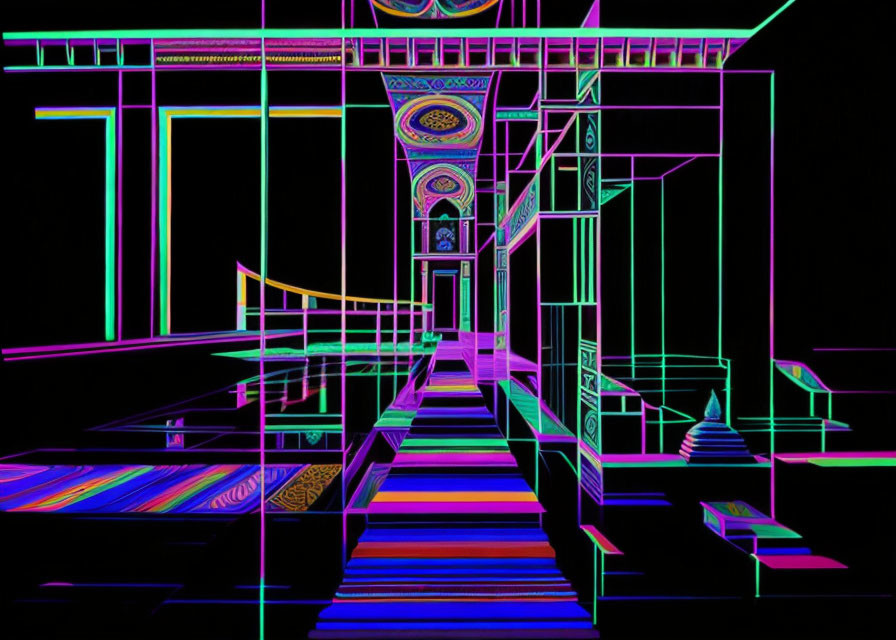 Neon-colored wireframe cathedral interior with geometric shapes