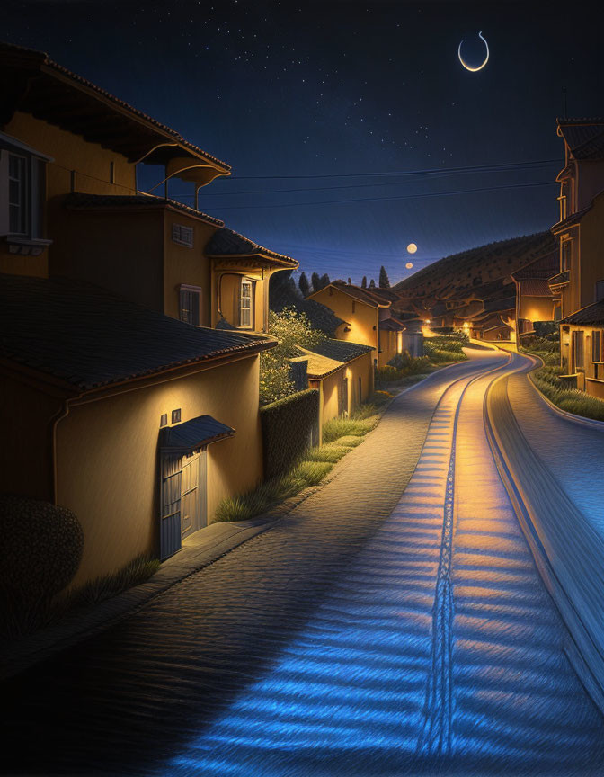 Tranquil Residential Street Night Scene with Crescent Moon