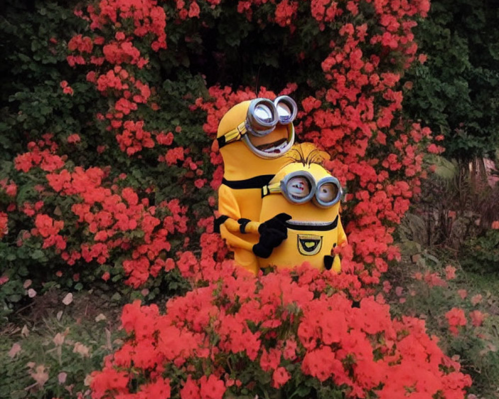 Two individuals in Minion costumes surrounded by red flowers.