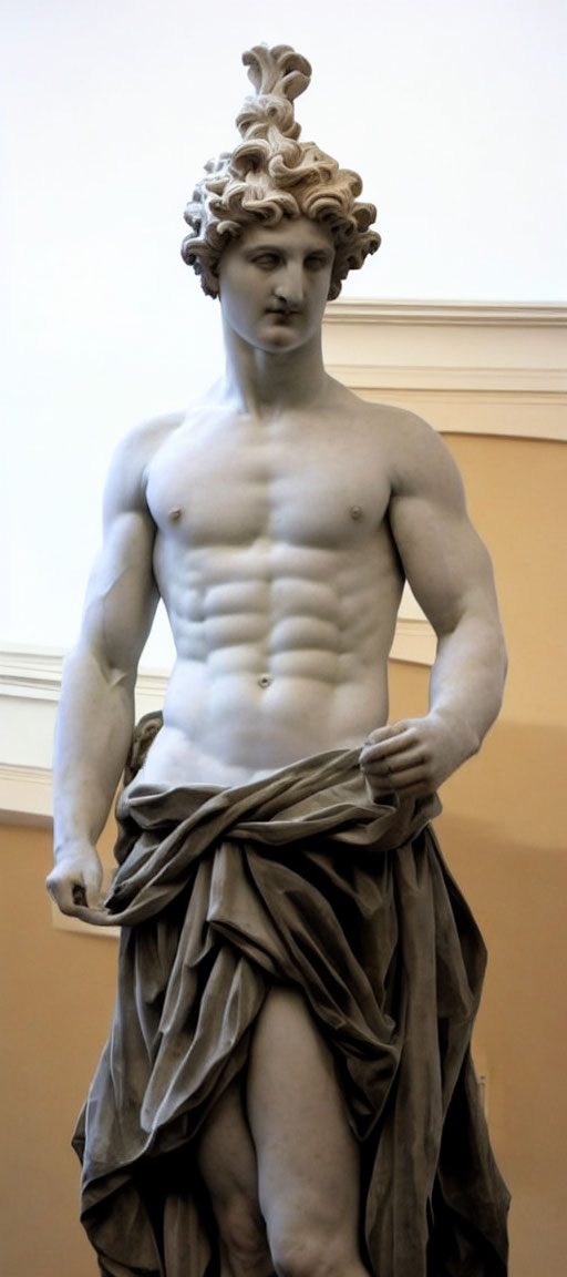 Muscular male marble statue with draped cloth and wavy hair