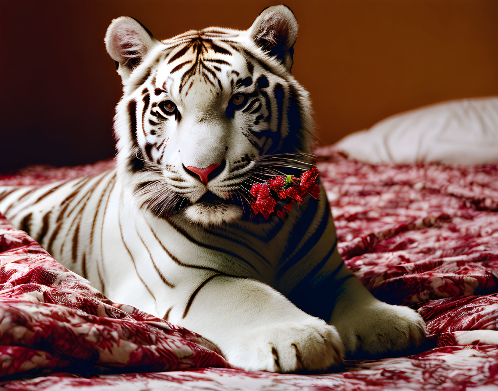 White Tiger Resting on Red Quilt with Flower on Autumnal Background