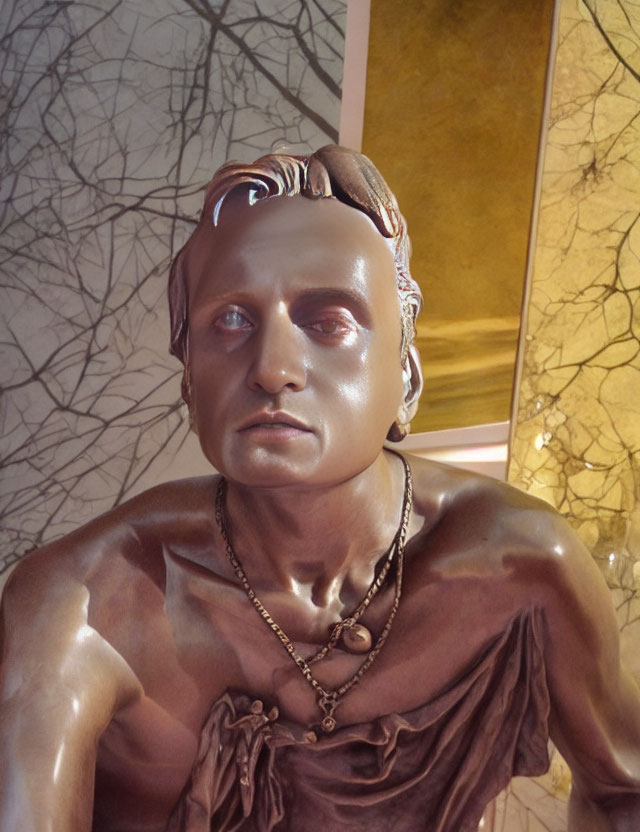 Shirtless male bronze statue with draped cloth and animal resting on head