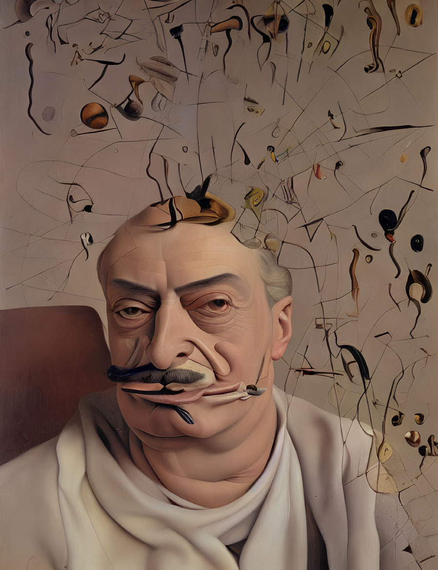 Surreal portrait of a man with mustache and melting clocks