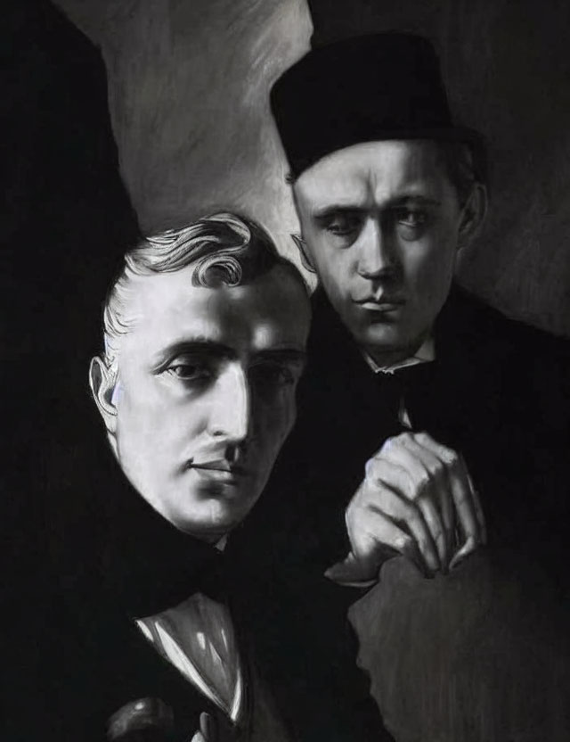 Vintage grayscale image of two somber men with pronounced facial features