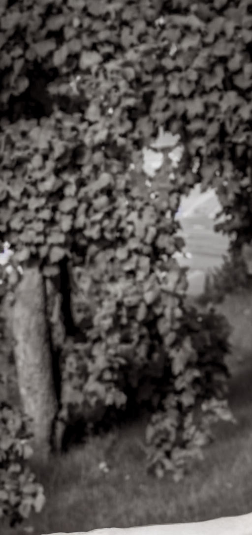 Monochrome image of trees and leaves with leafy archway