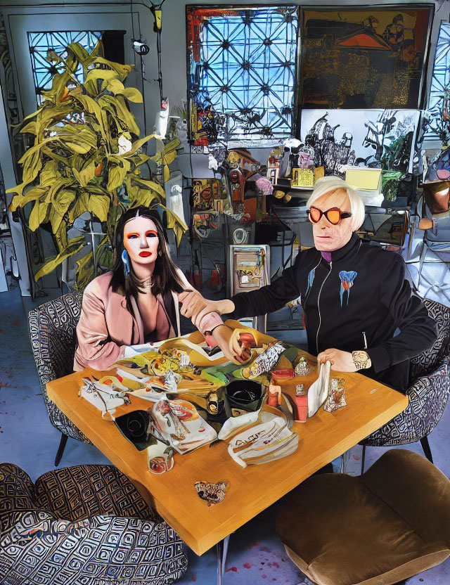 Two People with Stylized Masks Surrounded by Fast Food and Plants