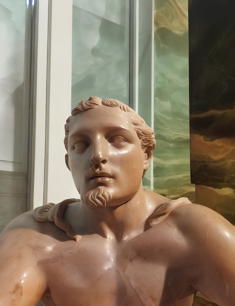 Detailed close-up of marble bust with young man, curly hair, beard, and calm expression on green