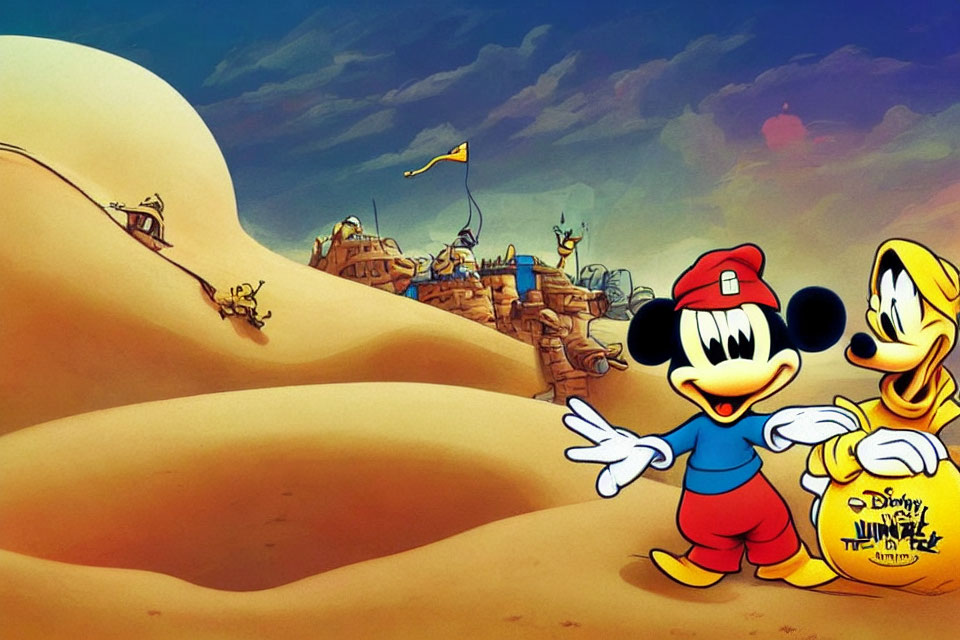 Cartoon characters in desert fort with flags under blue sky