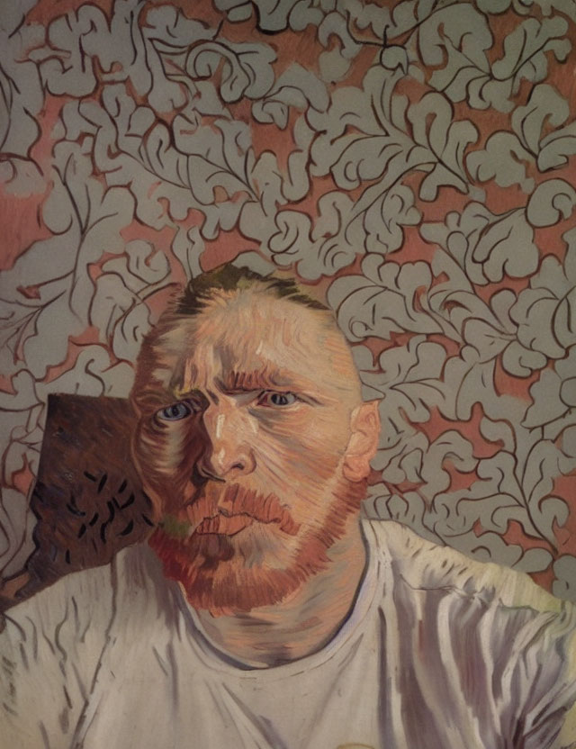 Portrait of Man with Ginger Beard and Intense Gaze on Floral Wallpaper