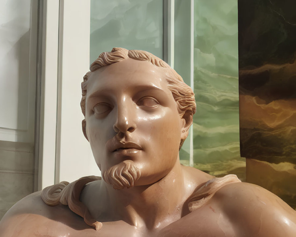 Detailed close-up of marble bust with young man, curly hair, beard, and calm expression on green