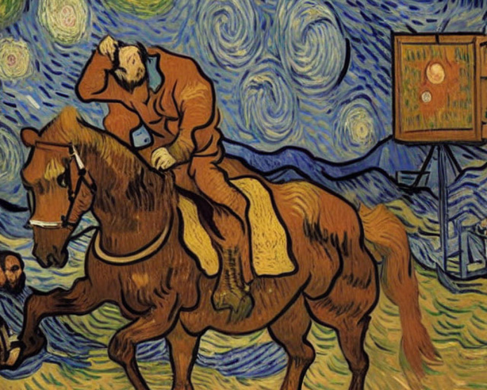 Postman on Brown Horse in Van Gogh Style Night Sky