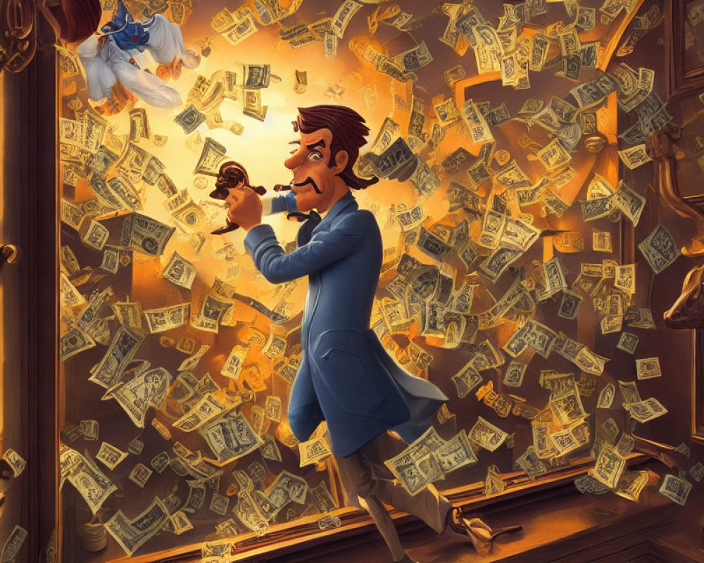 Blue-coated animated character plays flute surrounded by money, ghost, and surprised person.