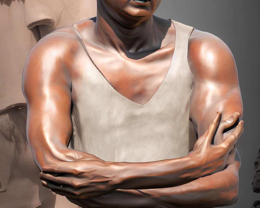 Muscular man statue in tank top with crossed arms and focused expression