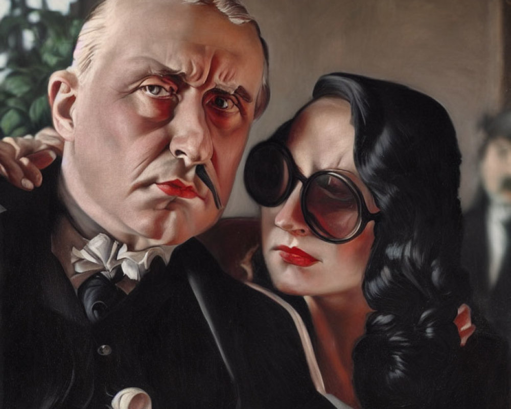 Stylized painting of stern man and woman in black suit and sunglasses