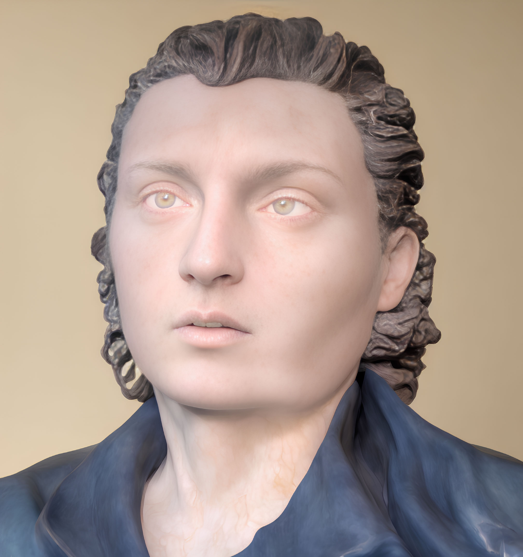 Digital 3D rendering of a person with pale skin, curly brown hair, and blue garment