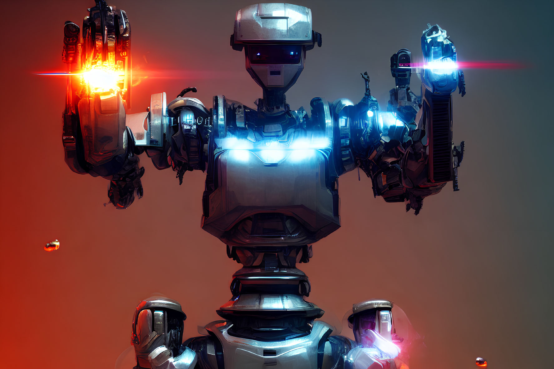 Futuristic humanoid robot with heavy armaments and glowing chest core