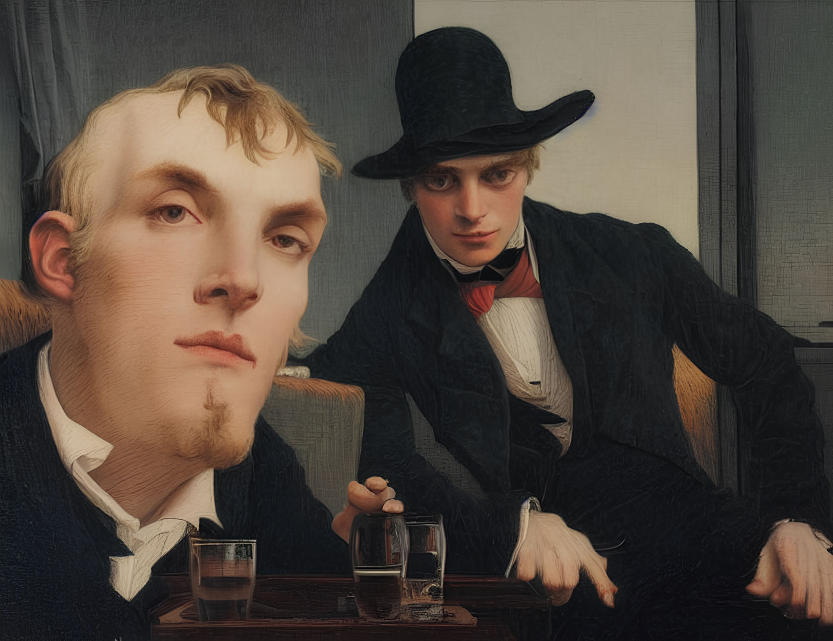 Men in 19th-Century Attire with Top Hat & Glasses on Wooden Surface