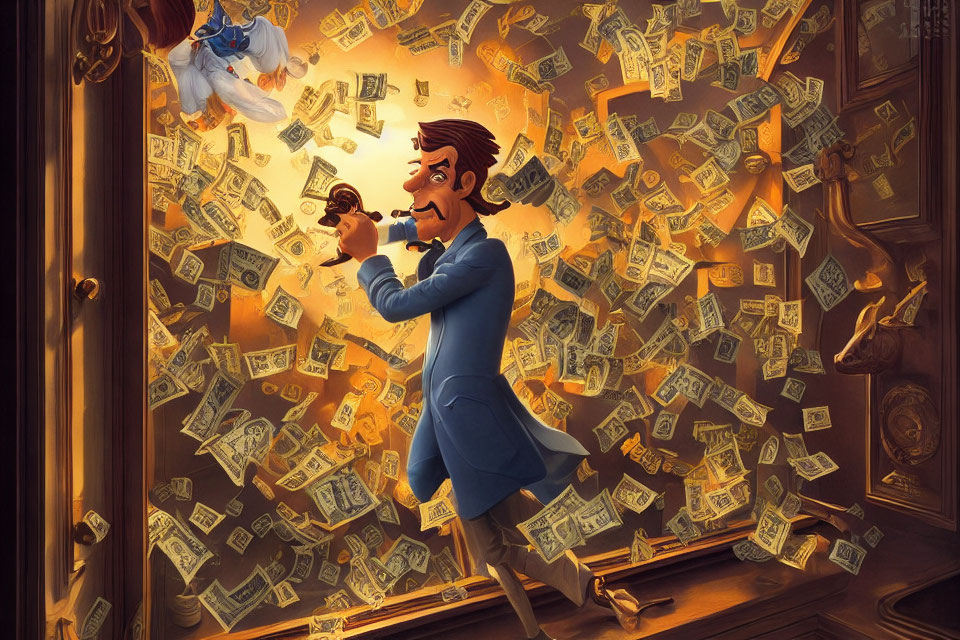 Blue-coated animated character plays flute surrounded by money, ghost, and surprised person.