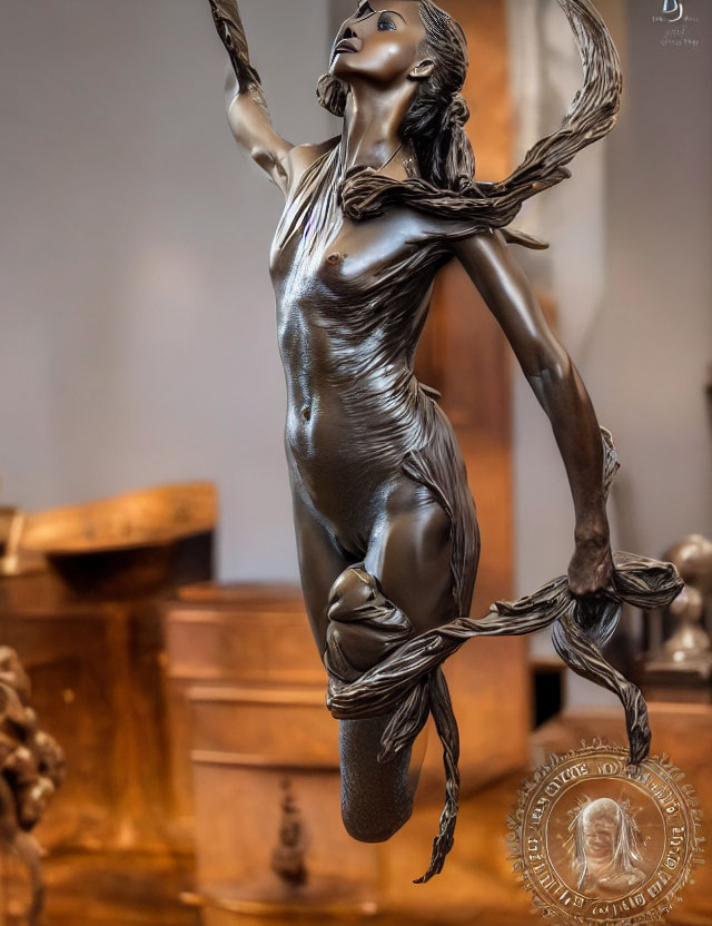 Bronze sculpture of woman mid-dance with flowing hair and textured dress