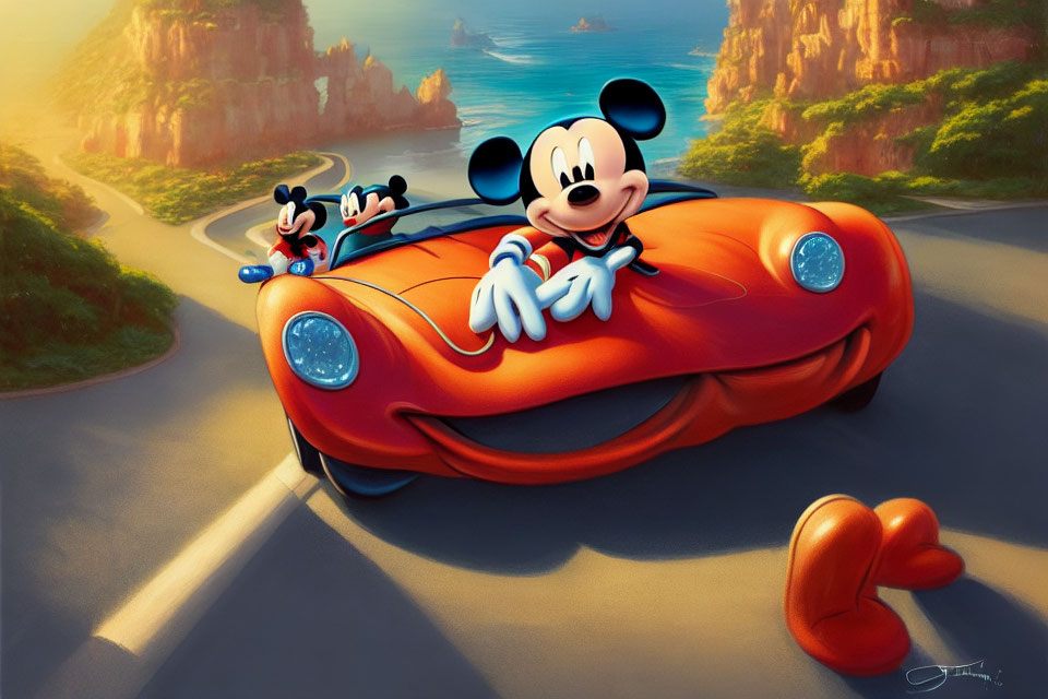 Cartoon character in red car with friend on coastal road at sunset