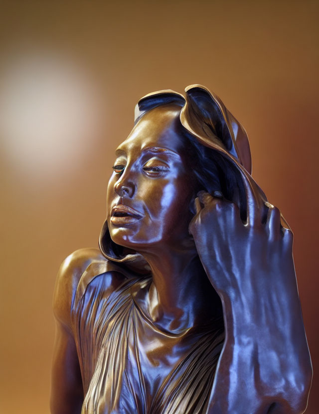 Metallic statue of woman with flowing hair and sunglasses on orange backdrop