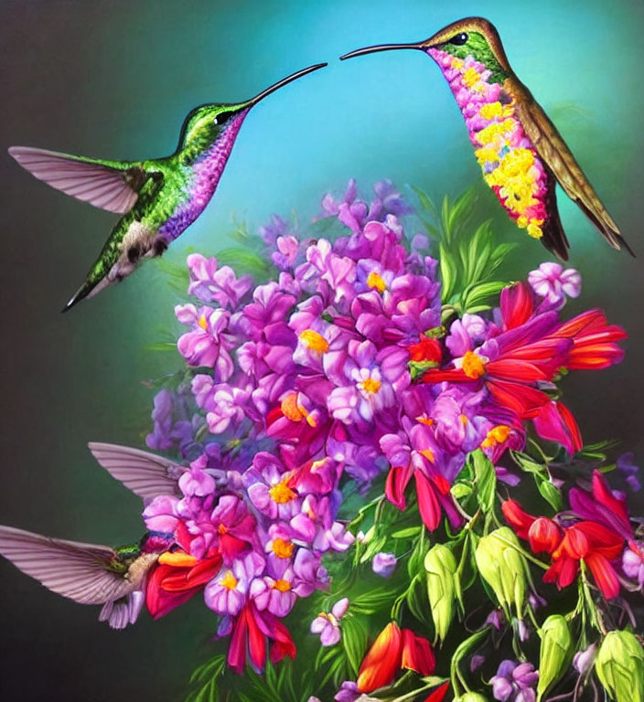 Vibrant hummingbirds near purple and pink flowers on blue-green background