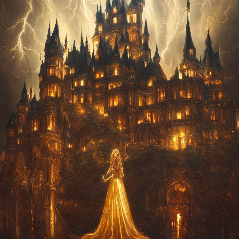 Woman in golden gown before illuminated castle under stormy sky